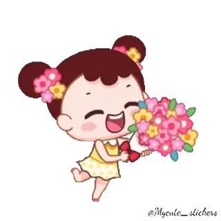 👧 5d412374 Cartoon, Mädchen, Blumen, Süß, Fröhlich, Heiter, Blumenstrauß telegram sticker