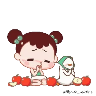 👧 bc2d4343 Cartoon, Mädchen, Ente, Äpfel, Süß, Bittend, Anime telegram sticker