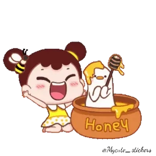 👧 f681ee19 Honey Honig, Mädchen, Huhn, süß, Cartoon, fröhlich telegram sticker