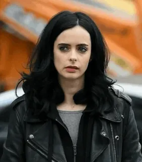 🥀 fec88ae6 Jessica Jones wanita, jaket kulit, rambut hitam, potret, karakter, acara TV telegram sticker