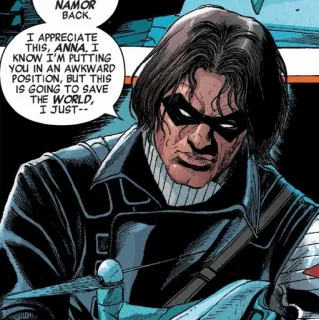 🛡 439e8a5b Winter Soldier NAMOR
BACK.
I APPRECIATE
THIS, ANNA, I
KNOW I'M PUTTING
YOU IN AN AWKWARD
POSITION, BUT THIS
IS GOING TO SAVE
THE WORLD,
I JUST-- marvel, cómics, superhéroe, bucky barnes, cómic whatsapp sticker