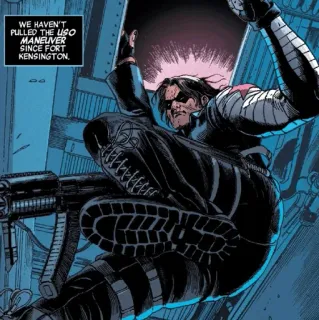 🛡 6b12169b Winter Soldier WE HAVEN'T PULLED THE UGO MANEUVER SINCE FORT KENSINGTON. Winter Soldier, Bucky Barnes, Marvel, Cómic, Acción, Soldado, Arma whatsapp sticker