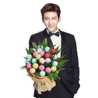 💐 da92b799 pria, dasi kupu-kupu, setelan, potret, bunga, buket, aktor whatsapp sticker