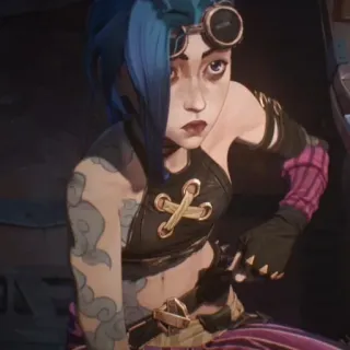 🌀 d0f8d059 Jinx Arcane Jinx, Arcane, League of Legends, blaue Haare, Schutzbrille, Tattoo telegram sticker