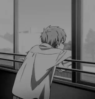 🎵 aa399a19 Anime, traurig, Junge, Fenster, monochrom, einsam, nachdenklich telegram sticker