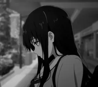 🎵 fadb0d49 Anime Mädchen, traurig, schwarz weiß, lange Haare, Cartoon, Animation telegram sticker