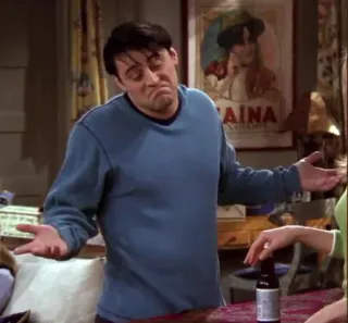 💁 8624f165 Joey Tribbiani Friends sitcom, serial TV, komedia, Joey, Przyjaciele, wzruszenie ramionami telegram sticker