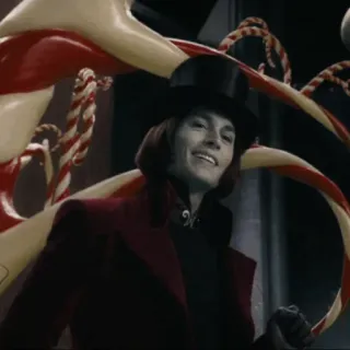 🎩 0e5fa6ad Willy Wonka Charlie and the Chocolate Factory 威利·旺卡, 巧克力工厂, 电影, 角色, 帽子, 微笑 whatsapp sticker