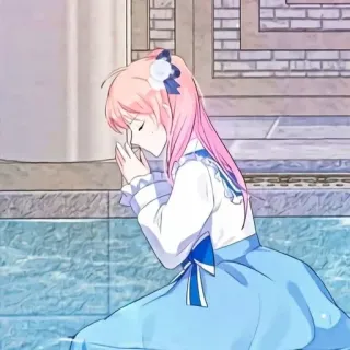 🍉 41705c8d cô gái, anime, tóc hồng, váy xanh, ngồi, nhắm mắt, nơ telegram sticker