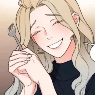 🥢 18def37e wanita, kartun, bahagia, tersenyum, garpu, rambut pirang whatsapp sticker