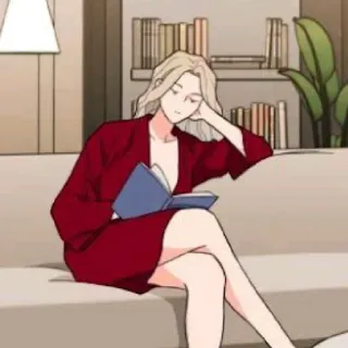 🥢 7a16584f wanita, membaca, buku, sofa, pirang, dalam ruangan, jubah merah whatsapp sticker