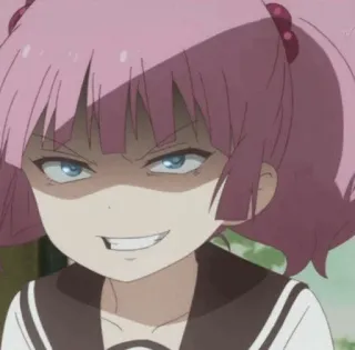 😈 68ae0869 anime, gadis, marah, rambut pink, senyum jahat telegram sticker