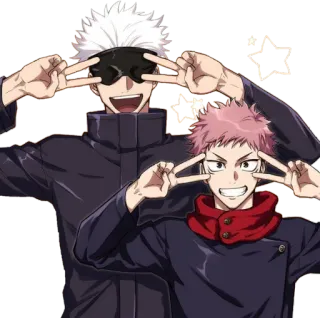 ✌️ 76f173ce Gojo Satoru, Yuji Itadori Jujutsu Kaisen 动漫, 咒术回战, 五条悟, 虎杖悠仁, 和平手势, 角色 whatsapp sticker