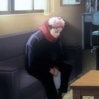 ☁️ 4310e332 Yuji Itadori Jujutsu Kaisen Аниме, Сидит, Грустный, В помещении, Персонаж whatsapp sticker