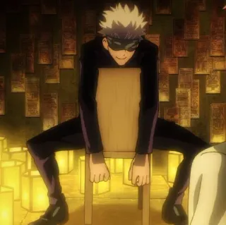 ☁️ 7ef3ab91 Gojo Satoru Jujutsu Kaisen Аниме, Годжо Сатору, Магическая битва, Персонаж, Сидя, Улыбается, Повязка на глазах whatsapp sticker