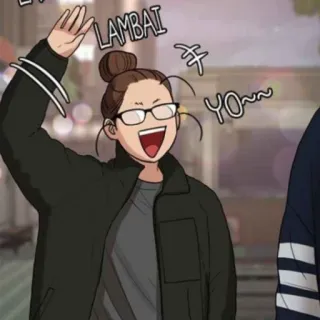 🛍 bc22e193 LAMBAI 漫画, 女性, 眼鏡, 手を振る, 幸せ, カジュアル, 挨拶 telegram sticker