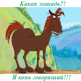 🐴 6d3db465 Какая лошадь?!
Я конь говорящий!!! лошадь, животное, мультфильм, говорящий, злой whatsapp sticker