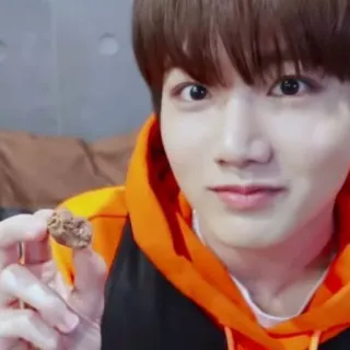 🪐 25c355eb retrato, joven, sudadera con capucha, sosteniendo comida, coreano, persona telegram sticker