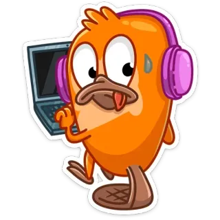 💻 529469e9 cartone animato, ornitorinco, cuffie, laptop, sudato, nervoso, arancione, personaggio telegram sticker