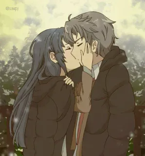 😚 a7d9d79f anime, couple, kiss, love, romance, winter, affection whatsapp sticker