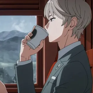 🥤 8f4fa5b5 动漫, 男人, 西装, 咖啡, 窗户, 火车 telegram sticker