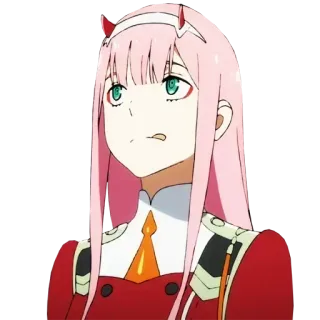 😋 3fe74ef5 Zero Two Darling in the Franxx Anime, Zero Two, Darling in the Franxx, roze haar, anime meisje, hoorns telegram sticker