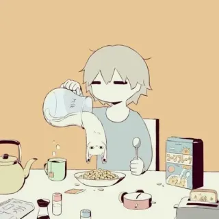 🌟 9b9486c3 コーンフレーク desayuno, cereal, vertiendo leche, estilo anime, mesa, comida telegram sticker