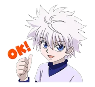 👍 93052f5f Killua Zoldyck Hunter x Hunter OK! Anime, Killua, Hunter x Hunter, Ok, Pouce levé, Cheveux blancs, Dessin animé telegram sticker