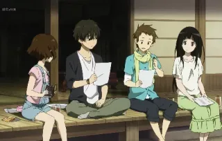 👥 7e4a72cb anime, groep, vrienden, zittend telegram sticker