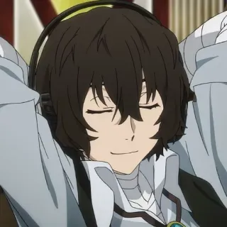 🍩 2039332f Osamu Dazai Bungo Stray Dogs anime, character, music, headphones, smiling, relaxed telegram sticker