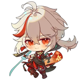 ๐ 9e31cbf0 Kaedehara Kazuha Genshin Impact anime, video game, chibi, sword, red eyes whatsapp sticker