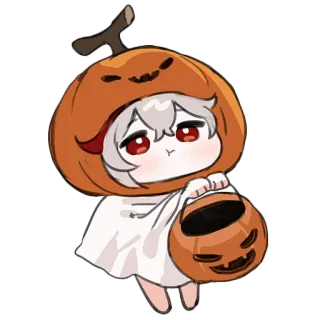 ๐ฅบ b340b1fe Kaedehara Kazuha Genshin Impact anime, chibi, halloween, pumpkin, ghost, cute whatsapp sticker