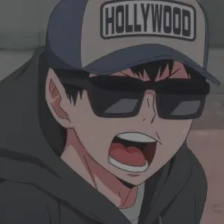 💙 ad1b7b01 HOLLYWOOD Anime, Person, Sonnenbrille, Hut, Hollywood, Cartoon telegram sticker