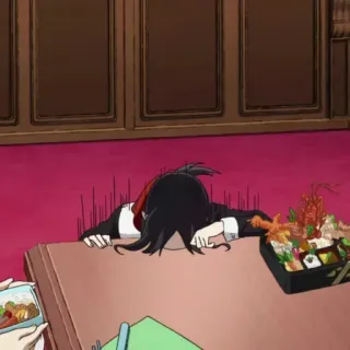 💀 93dd1579 อนิเมะ, เหนื่อย, นอนลง, โต๊ะ, อาหาร telegram sticker