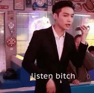 😎 40903f30 listen bitch мужчина, костюм, сука, слушать, звонок, мем telegram sticker