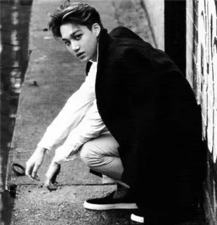 🌑 b0543093 homem, agachado, preto e branco, casaco, posando, ídolo K-pop whatsapp sticker