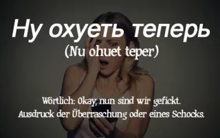 🇷🇺 e202d3aa Ну охуеть теперь
(Nu ohuet teper)
Wörtlich: Okay, nun sind wir gefickt.
Ausdruck der Überraschung oder eines Schocks. русский, шок, удивление, обидный, женщина, перевод whatsapp sticker