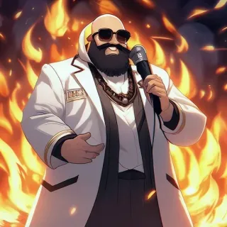 🎤 43c33e65 man, microfoon, vlammen, kaal, baard, zonnebril, wit pak telegram sticker