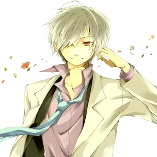 😊 7eefe4f5 Anime, Anak laki-laki, Rambut putih, Dasi, Kasual, Tersenyum telegram sticker