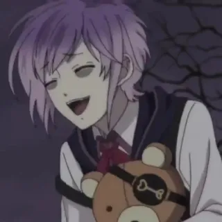 🥢 f67afef2 Kanato Sakamaki Diabolik Lovers Anime, Diabolik Lovers, Kanato Sakamaki, Orsacchiotto, Sorridendo, Capelli viola, Personaggio telegram sticker