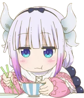 🍜 94575ec8 Kanna Kamui Miss Kobayashi's Dragon Maid anime, draak, Kanna, kawaii, eten, schattig telegram sticker