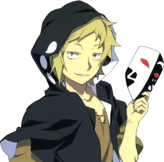 😏 de8e94fc アニメ, フード, マスク, 金髪, キャラクター, ニヤリ telegram sticker