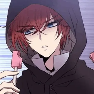 🥀 83163b7e anime jongen, hoodie, lolly, schattig, rood haar, blauwe ogen, digitale kunst telegram sticker