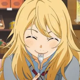 🎻 09d9a3e5 Kaori Miyazono Your Lie in April อนิเมะ, ผู้หญิง, ผมบลอนด์, ส้อม, ยิ้ม, การ์ตูน telegram sticker