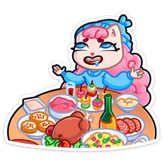 🤤 ab32b823 만화, 음식, 테이블, 추수 감사절, 캐릭터, 식사 telegram sticker