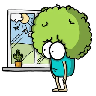 😳 92196b0a Dibujo animado, Personaje, Brócoli, Planta, Ventana, Triste, Cactus telegram sticker