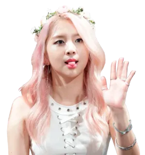 😛 16838649 korean, woman, girl, pink hair, flower crown, waving, cute, person whatsapp sticker