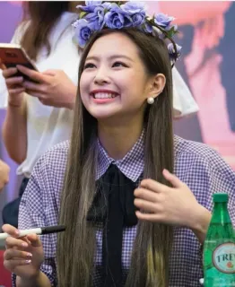 😻 1353275b donna, ritratto, sorridente, corona di fiori, persona, camicia a quadretti, capelli castani, allegra telegram sticker