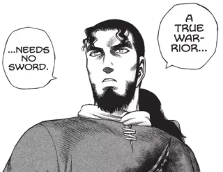 ❌ a3c0b859 ...NEEDS NO SWORD.
A TRUE WARRIOR... Mann, Krieger, Manga, Bart, Schwert telegram sticker