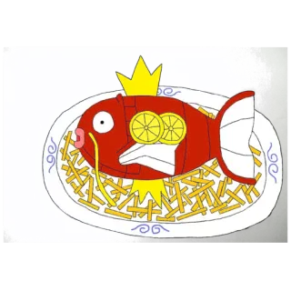 🍽 6b29108e Magikarp magikarp, pokemon, makanan, piring, ikan, kentang goreng, lemon, mahkota whatsapp sticker